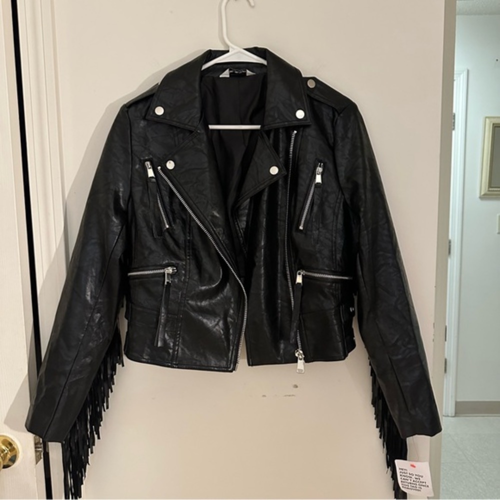ASOS Discontinued Miss Selfridge Black Faux Leather Fringe Jacket